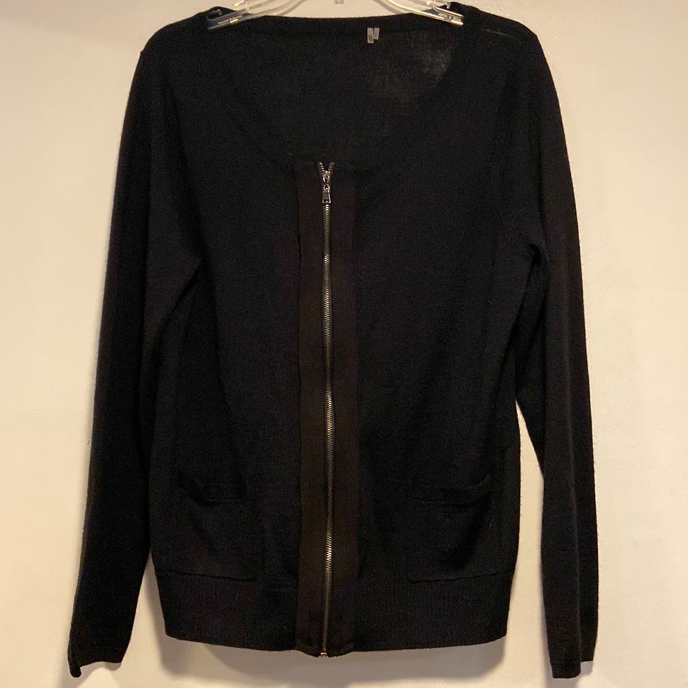 Black wool cardigan sweater -wool/ acrylic blend. Zipper front.